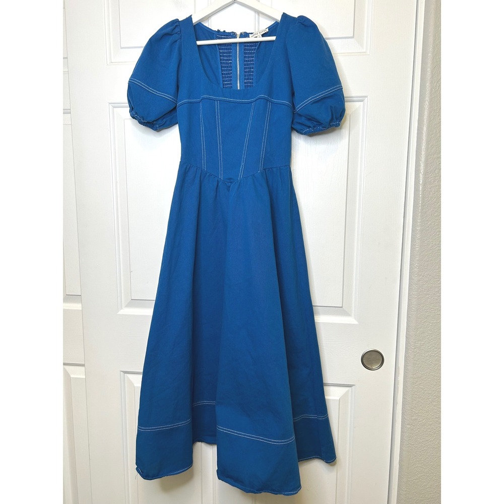 Moon River Midi Dress XS Blue Puff Sleeve Corset Cotton Stitch